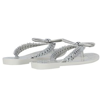 Girls Ivory & Silver Bow Flip Flops