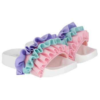 Girls White, Aqua & Purple Ruffled Sliders