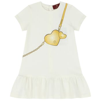 Younger Girls Ivory Logo Heart Dress