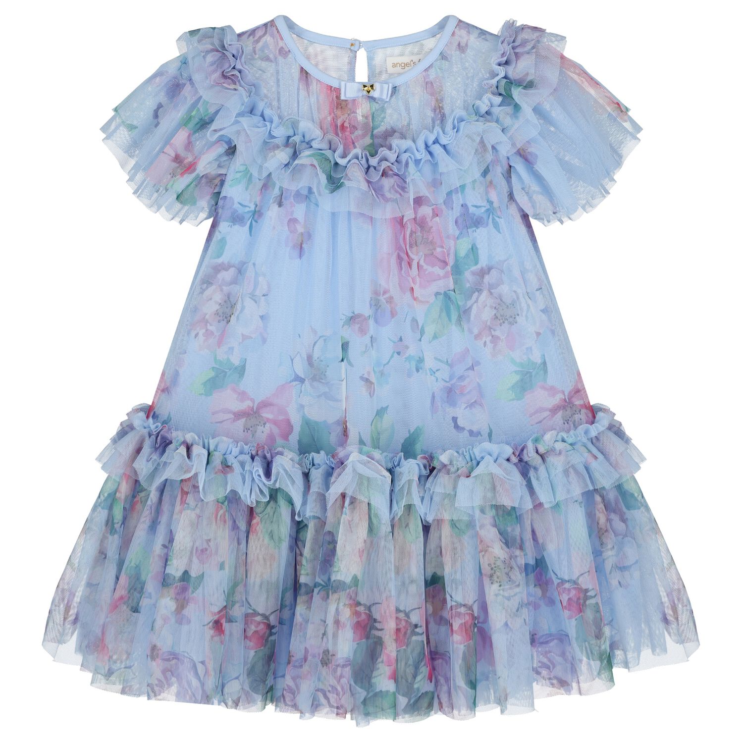 Girls Blue Floral Tulle Dress, 2, hi-res