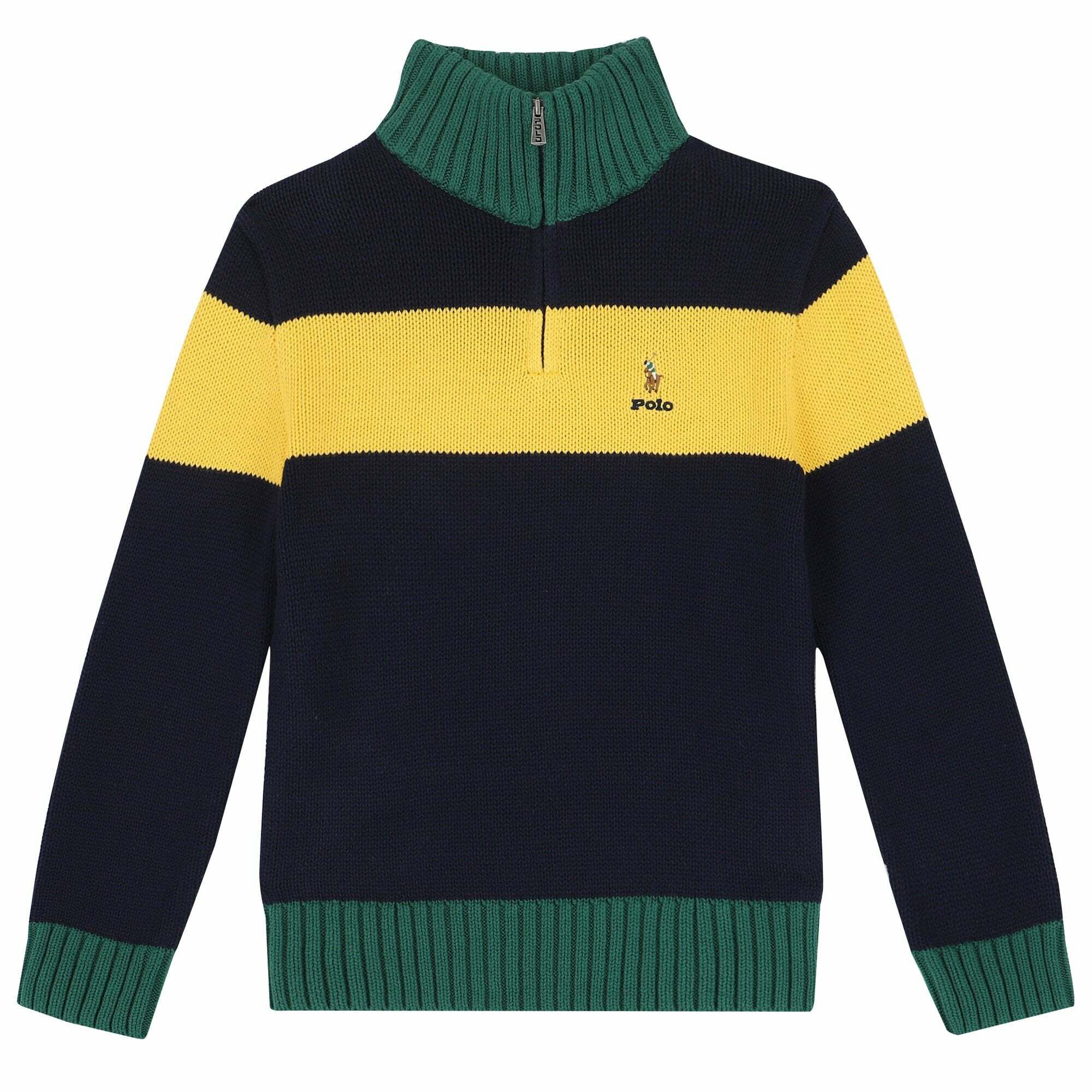 Ralph Lauren Boys Green Navy Yellow Logo Knitted Top Junior Couture USA