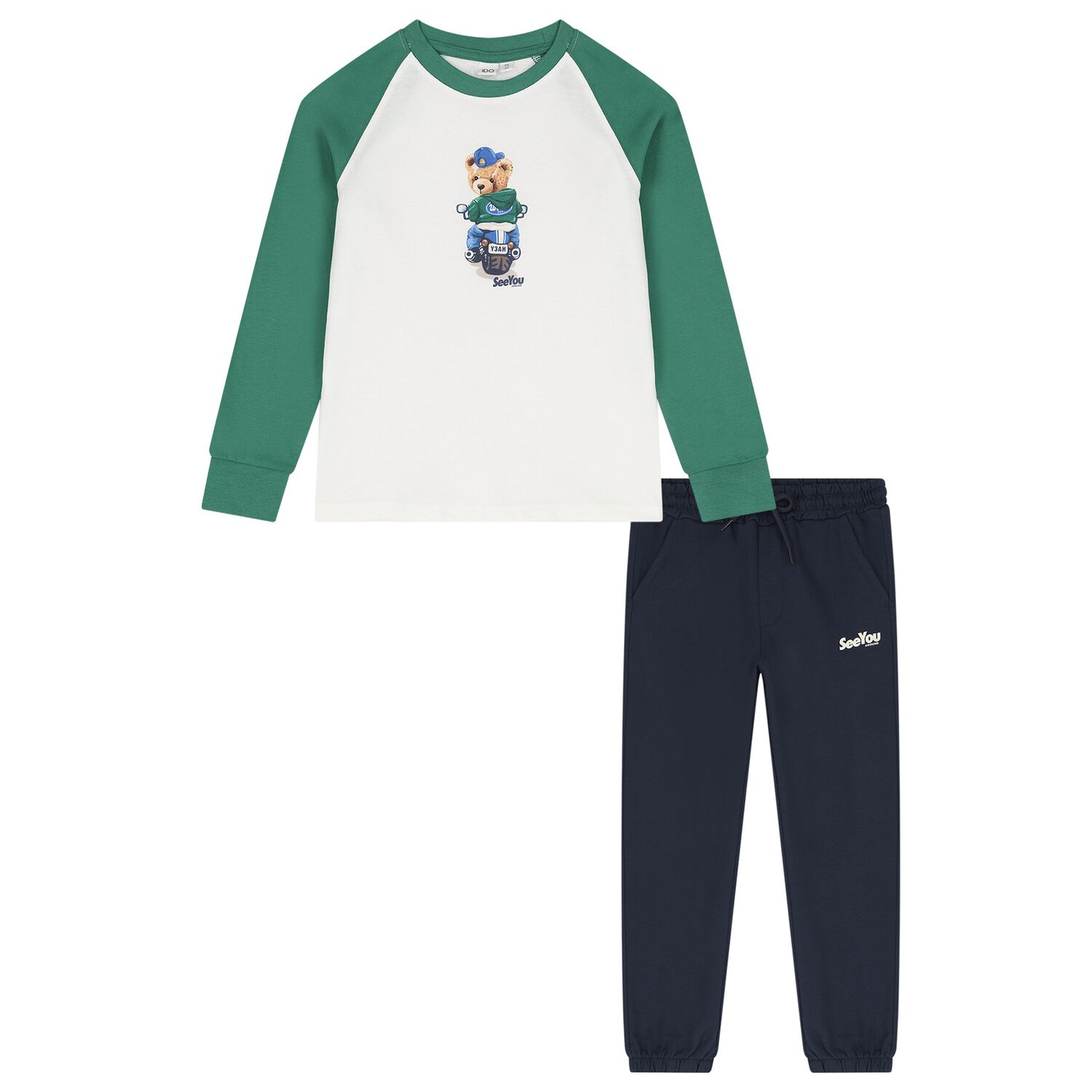 Boys White, Green & Navy Blue Teddy Bear Trouser Set, 1, hi-res