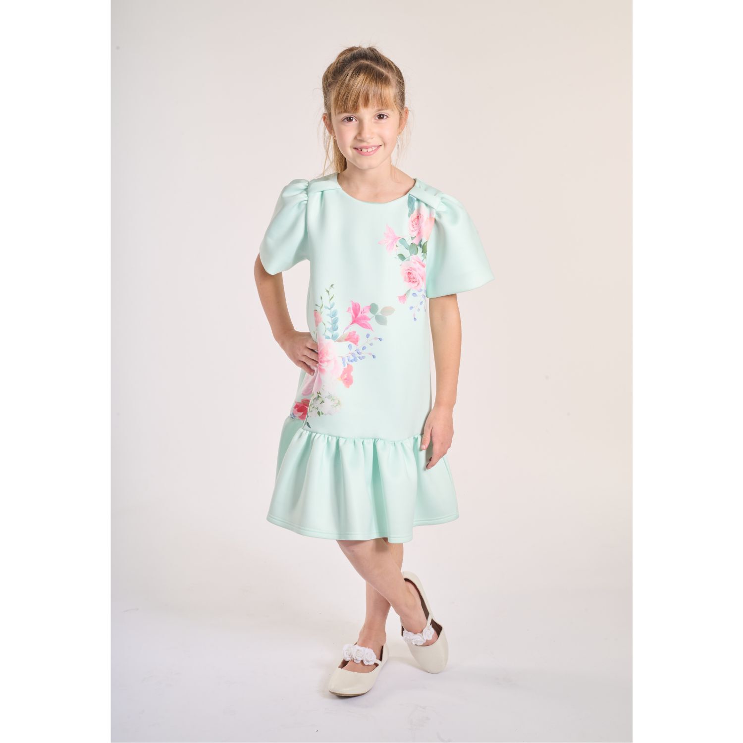 Girls Green Floral Satin Dress, 1, hi-res image number null