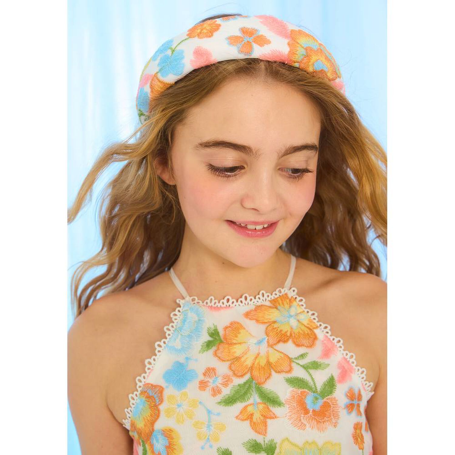 Girls White Floral Embroidered Headband , 1, hi-res