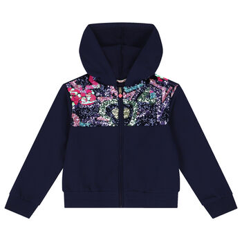 Girls Navy Blue Sequin Hooded Zip Up Top