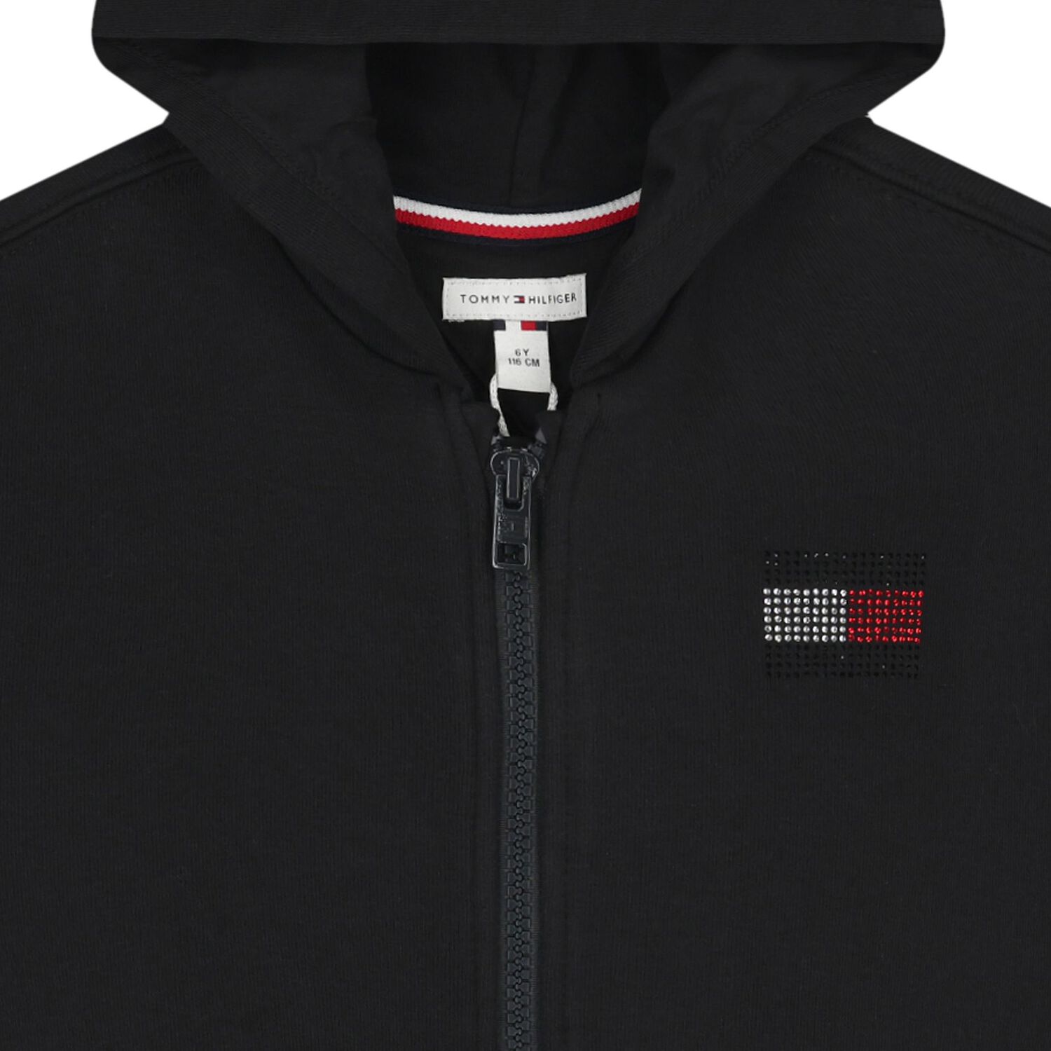 Girls Black Embellished Logo Hooded Zip Up Top, 1, hi-res