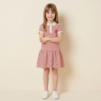 Girls Ivory & Red Logo Striped Polo Dress