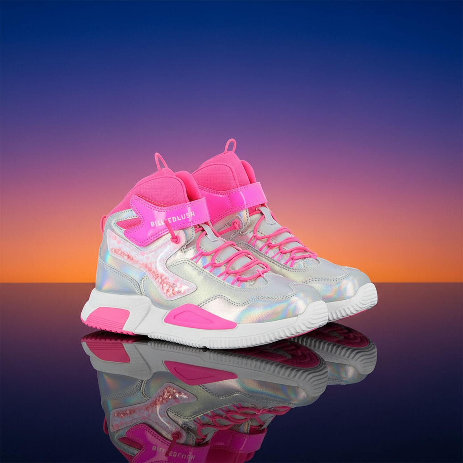 Girls Silver & Pink Faux Leather Trainers, 1, hi-res