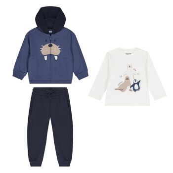 Younger Boys Ivory & Navy Blue Bear Tracksuit Set (3 Piece)
