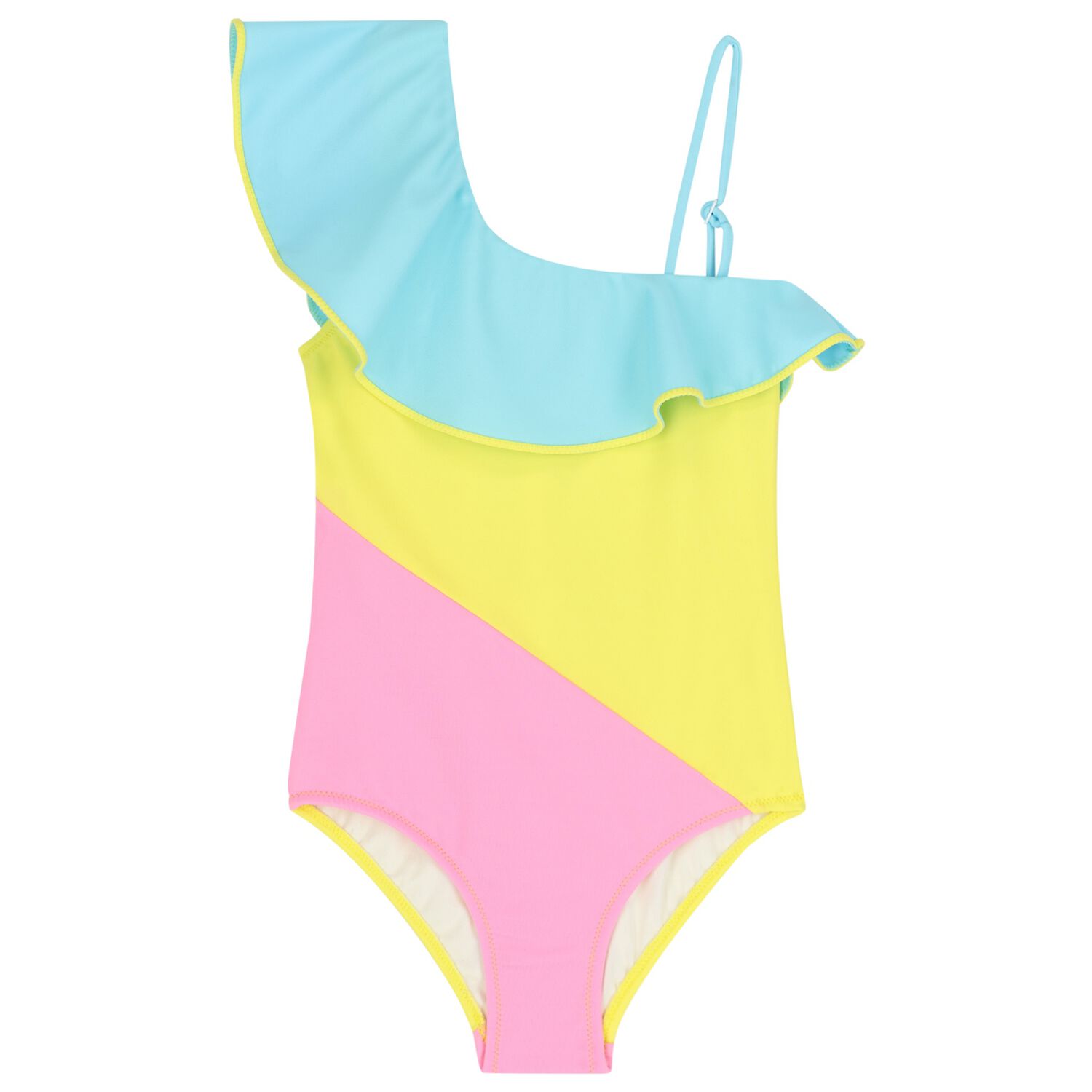 Girls Blue, Yellow & Pink Ruffle Swimsuit, 1, hi-res