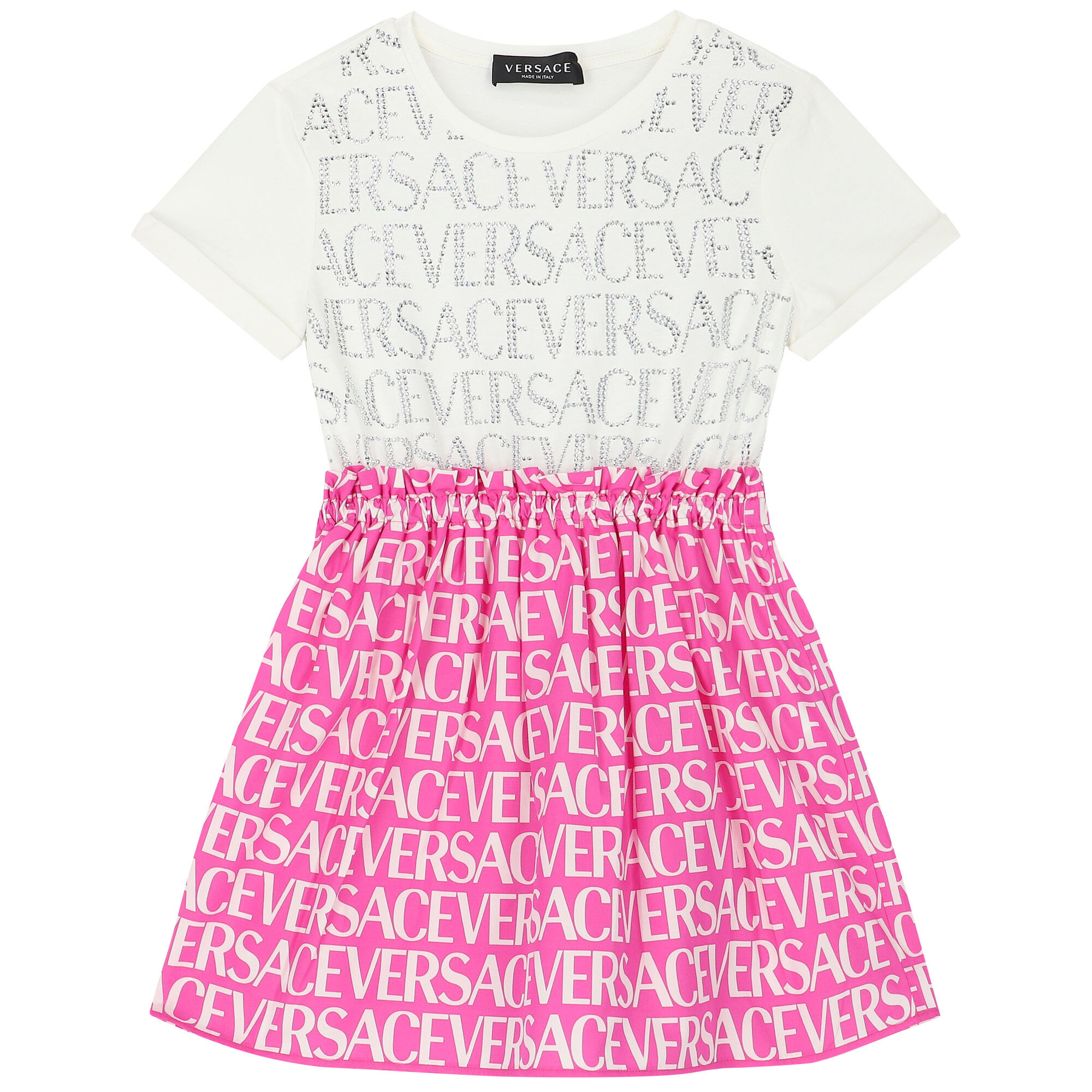 Versace Girls Ivory Pink Embellished Logo Dress Junior Couture USA