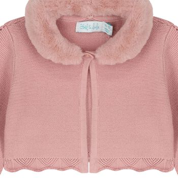 Younger Girls Pink Faux Fur Collar Cardigan