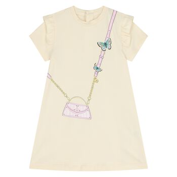 Younger Girls Ivory Bag Logo Dress
