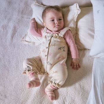Baby Girls Ivory & Pink Animals Baby Dungaree Set