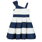 Girls White & Navy Blue Striped Satin Dress, 1, hi-res