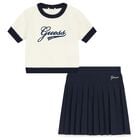 Girls Ivory & Navy Blue Logo Knit Skirt Set, 1, hi-res