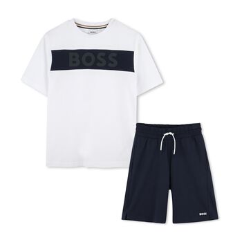 Boys White & Navy Blue Logo Shorts Set
