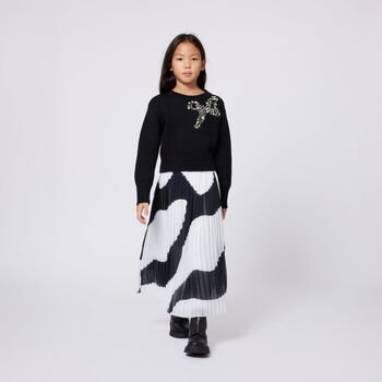 Girls Black & Ivory Zebra Pleated Skirt