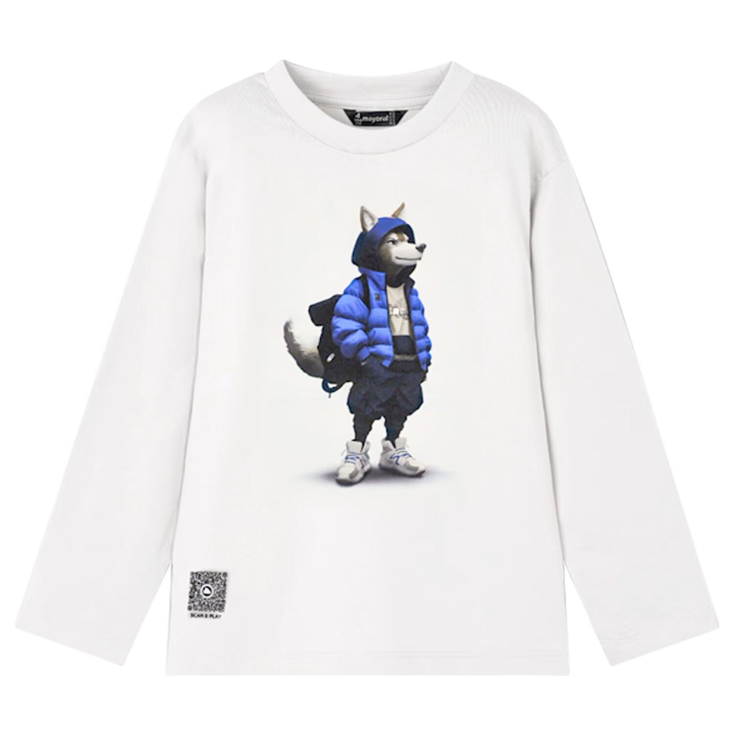 Boys White Wolf Long Sleeve Top, 2, hi-res