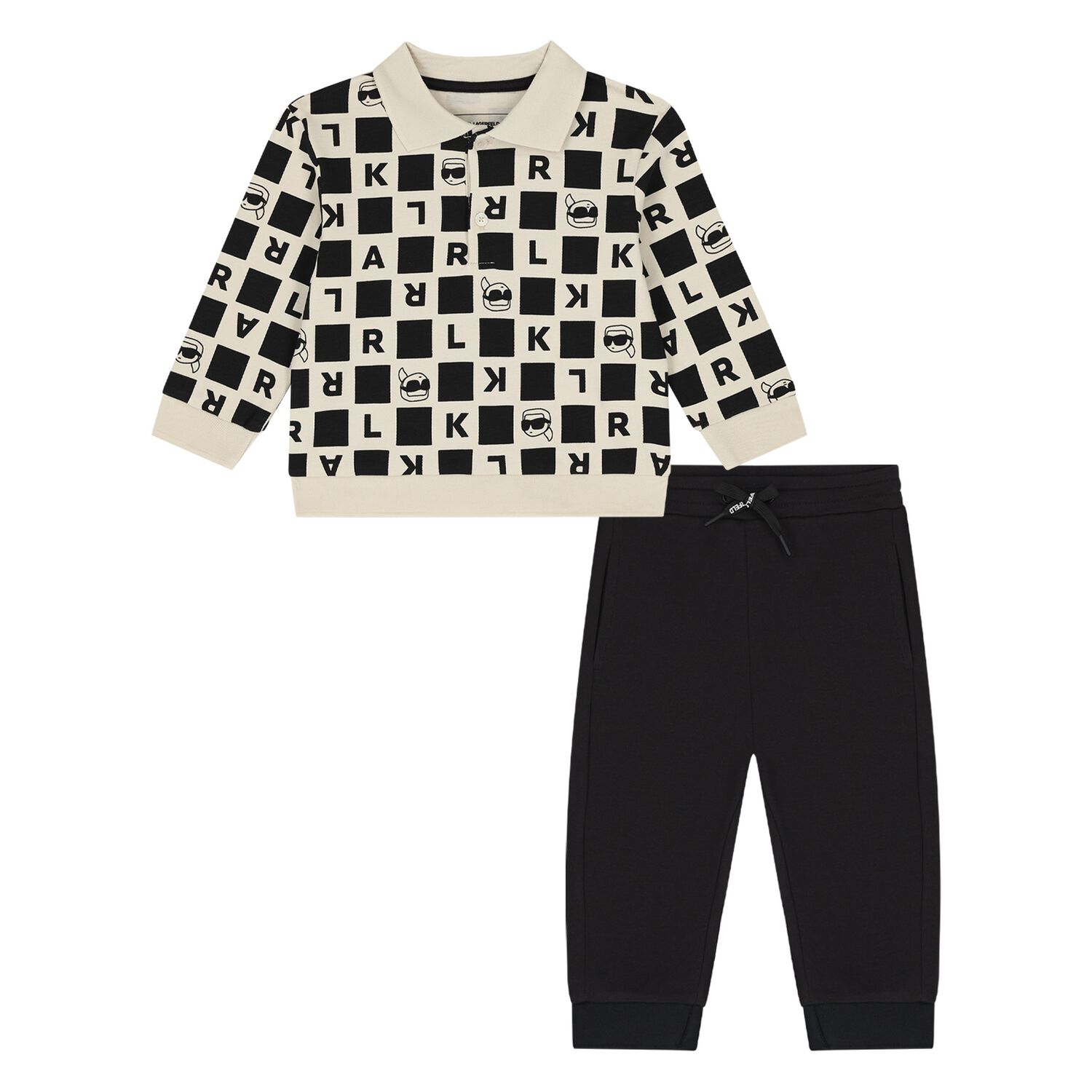 Younger Boys Ivory & Black Ikonik Karl Trouser Set, 1, hi-res