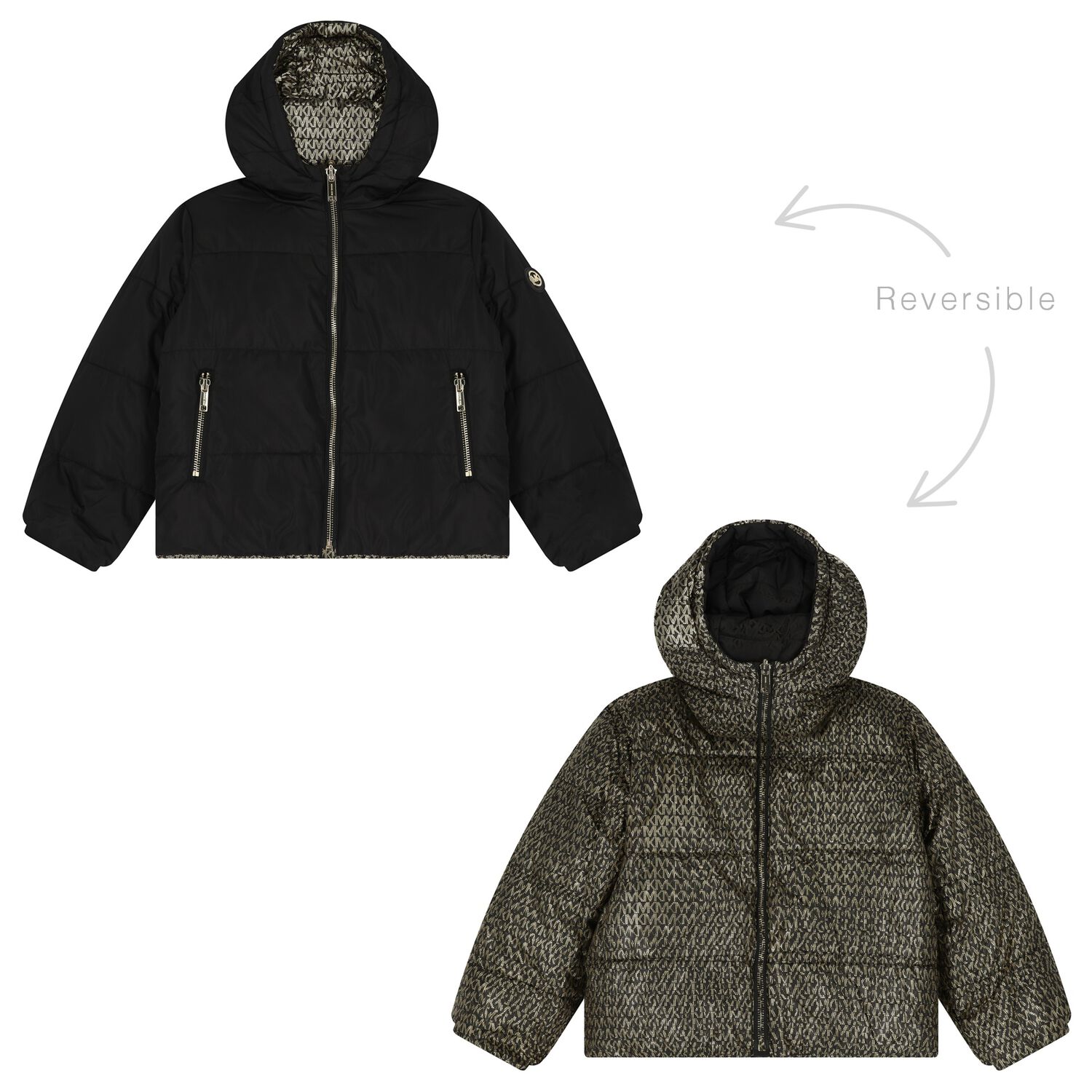 Girls Black & Silver Reversible Puffer Jacket, 1, hi-res