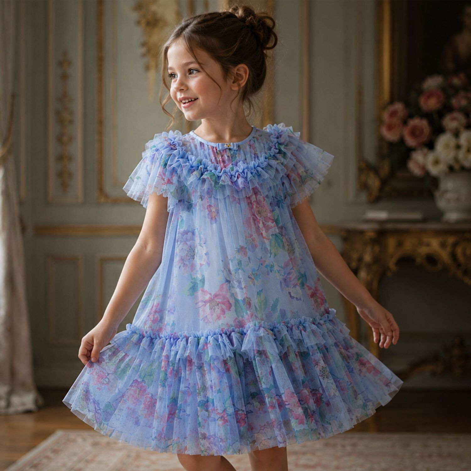 Girls Blue Floral Tulle Dress, 2, hi-res