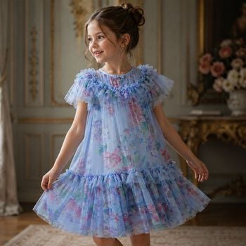 Girls Blue Floral Tulle Dress