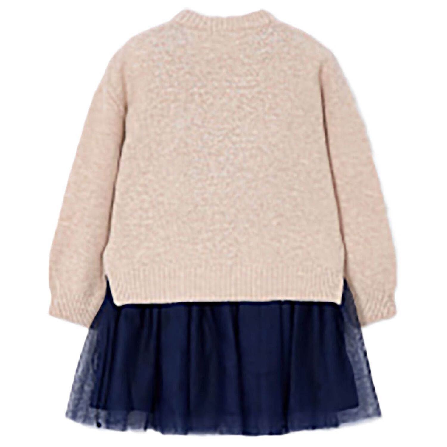 Girls Beige & Navy Blue Tulle Dress Set, 2, hi-res
