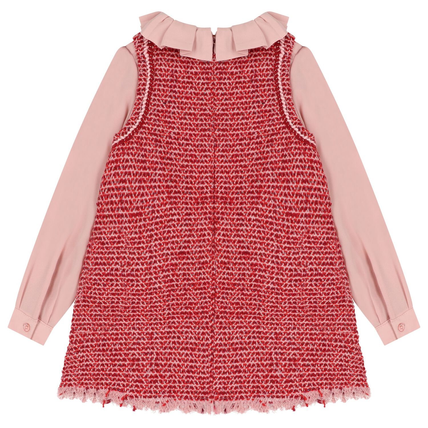 Girls Red Tweed & Pink Crêpe Chiffon Dress, 1, hi-res