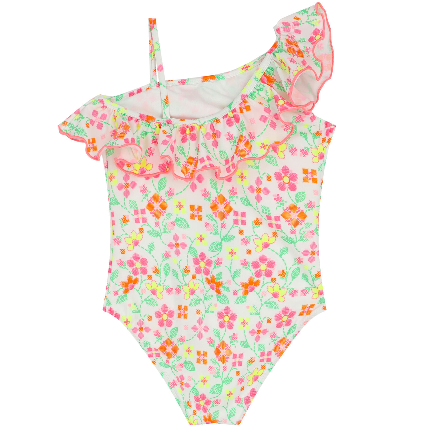 Girls White & Pink Floral Swimsuit, 1, hi-res