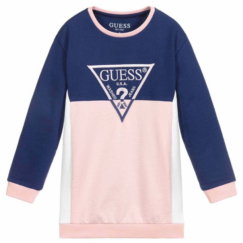 Guess Girls Navy Pink Logo Sweatshirt Dress Junior Couture