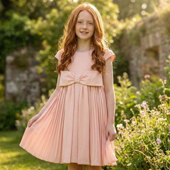 Girls Pink Bow Pleated Dress
