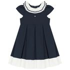 Girls Navy Blue Ruffled Collar Pleated Dress, 1, hi-res