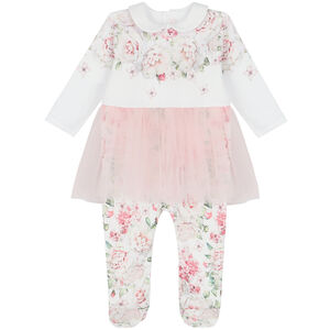 Baby Girls White & Pink Floral Babygrow