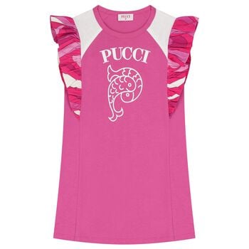 Girls Pink & White Logo Ruffled Dress