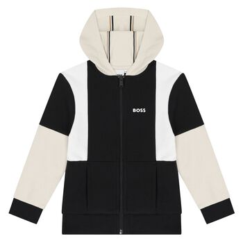 Boys Black & Ivory Logo Hooded Zip Up Top