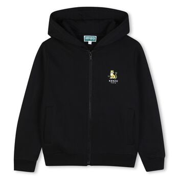 Boys Black Tiger Logo Hooded Zip Up Top
