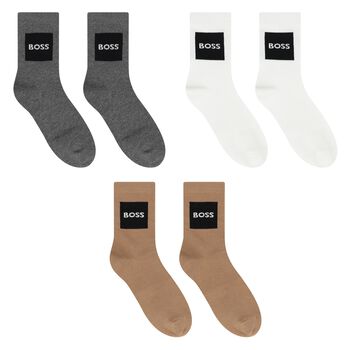 Boys Grey, White & Beige Logo Socks ( 3-Pack ) 