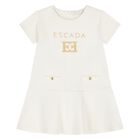 Younger Girls Ivory & Gold Logo Dress, 1, hi-res
