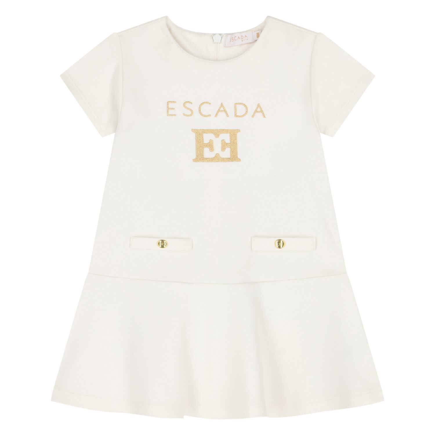 Younger Girls Ivory & Gold Logo Dress, 1, hi-res
