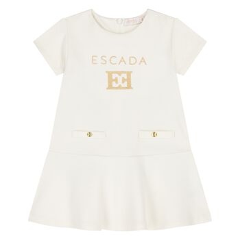 Younger Girls Ivory & Gold Logo Dress