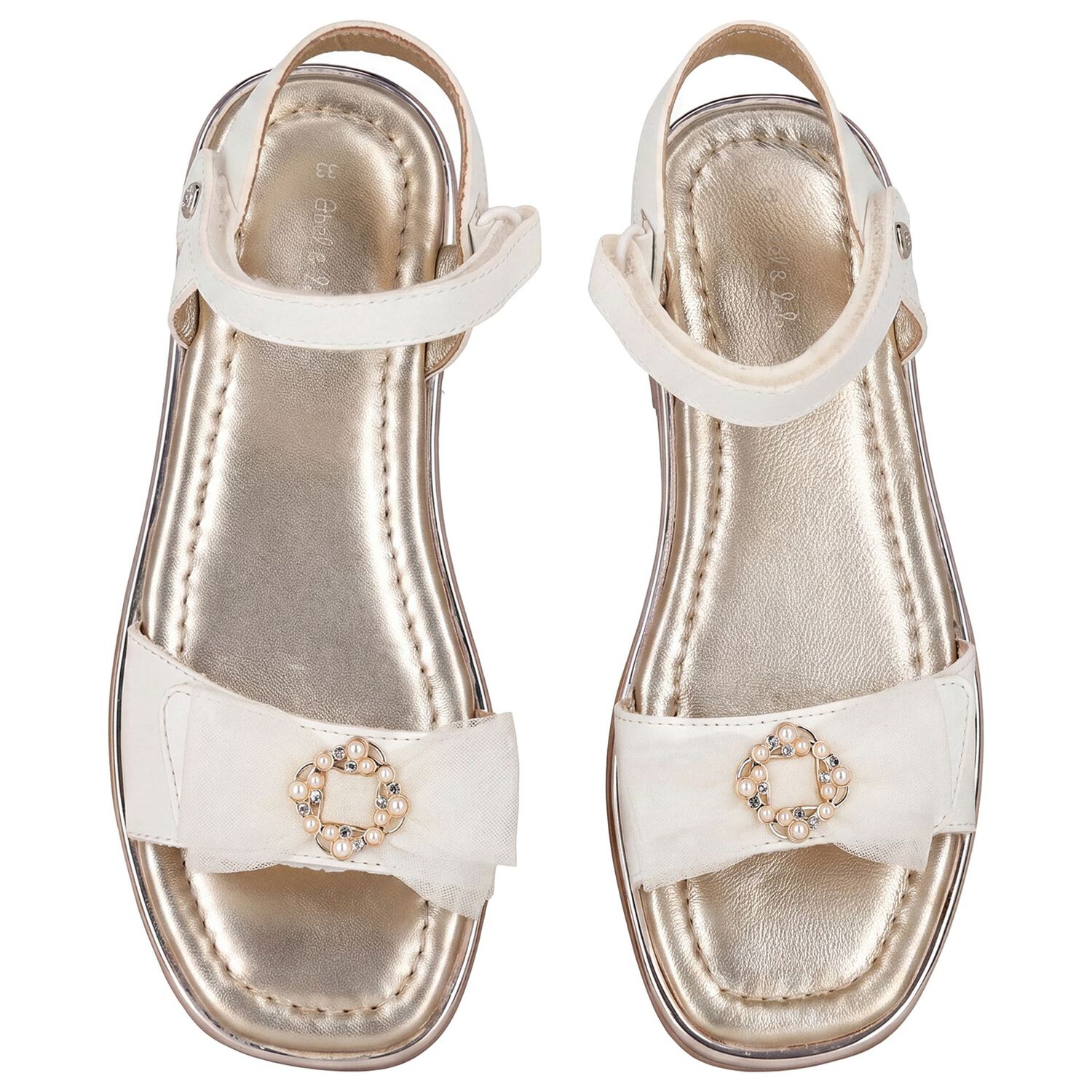 Girls White & Gold Leather Tulle Bow Sandal, 1, hi-res