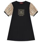 Girls Black & Gold Logo Dress, 1, hi-res