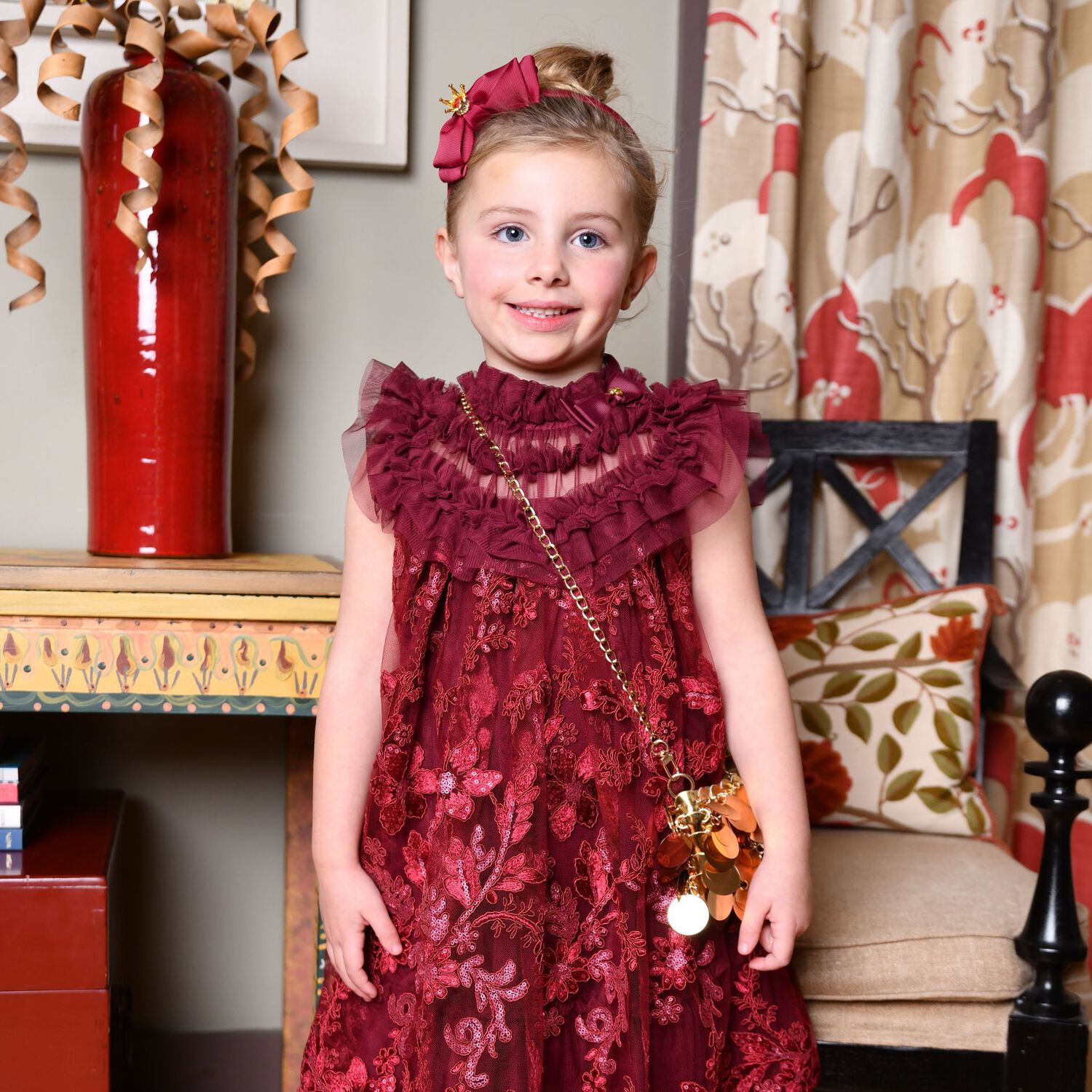 Girls Burgundy Embellished Tulle Dress, 2, hi-res image number null