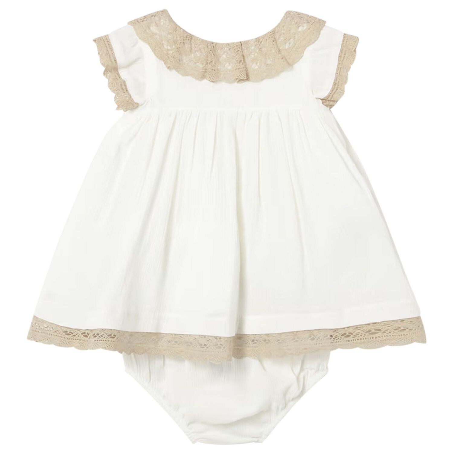 Baby Girls Ivory & Beige Lace Dress, 1, hi-res