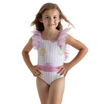 Girls White & Pink Striped Donuts Swimsuit