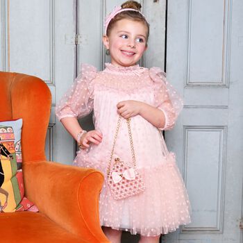 Girls Pink & White Heart Tulle Dress