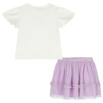 Girls White & Lilac Floral Tulle Skirt Set