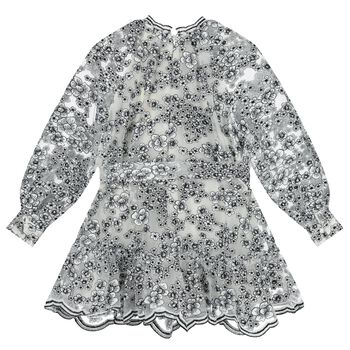 Girls White & Black Embroidered Floral Dress
