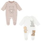 Brown & White Cotton Teddy Bear Babygrows ( 2-Pack ), 1, hi-res